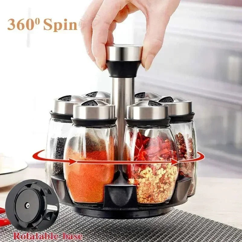 Spice Jar Set Rack Glass Organizer Rotating Glass Seasoning Sugar Pepper Bottles Salt Shakers Holder Kitchen Storage Rack