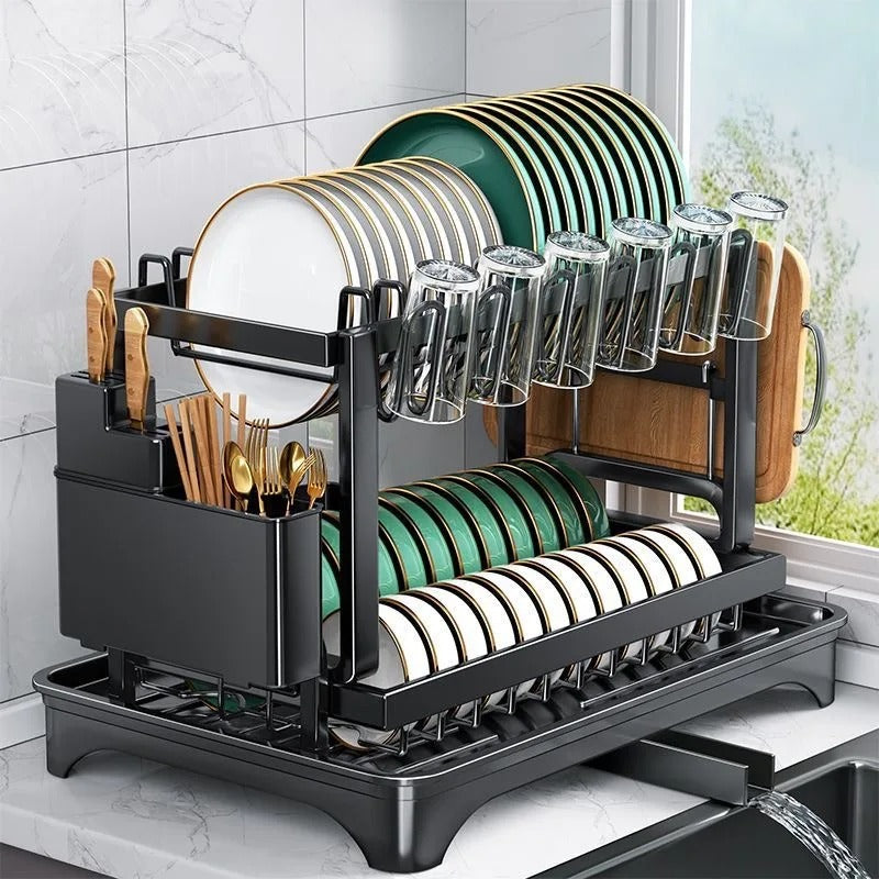 2-Tier Kitchen Dish Drying Rack, Multifunctional Counter Storage Organizer with Utensil, Cup, Cutting Board Holders for Home