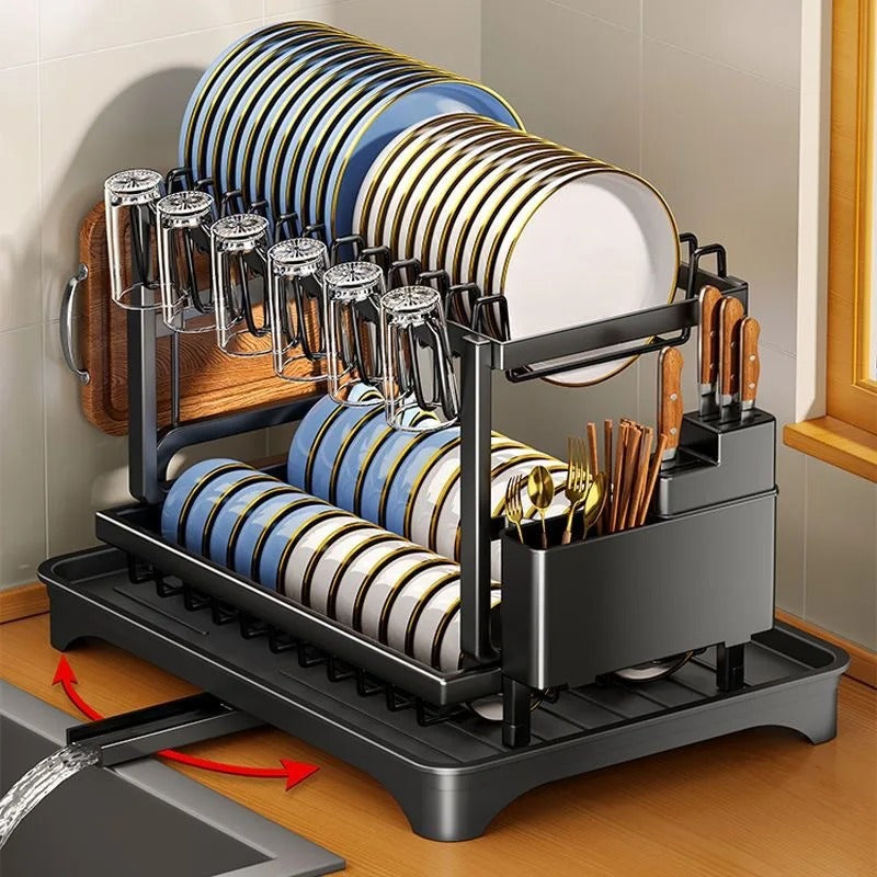 2-Tier Kitchen Dish Drying Rack, Multifunctional Counter Storage Organizer with Utensil, Cup, Cutting Board Holders for Home