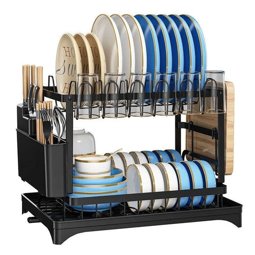 2-Tier Kitchen Dish Drying Rack, Multifunctional Counter Storage Organizer with Utensil, Cup, Cutting Board Holders for Home