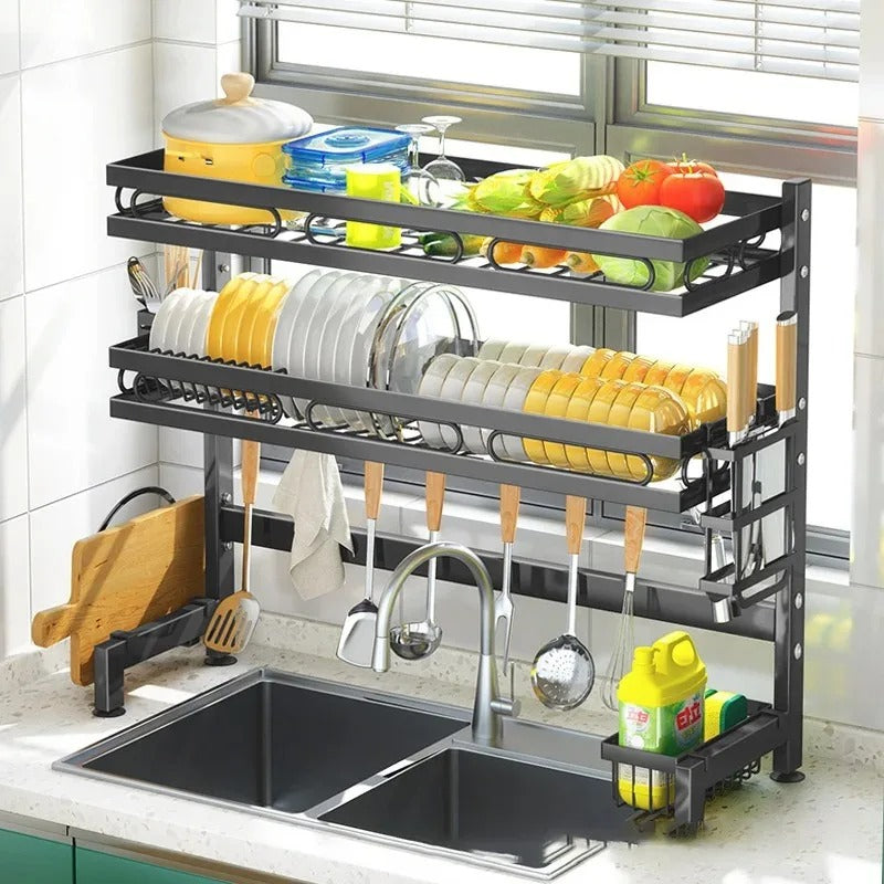 Kitchen Storage Shelf Above The Sink Bowl Draining Rack Multifunctional Dish Knife Rag Spoons Sink Rack Set Organizer Kitchen
