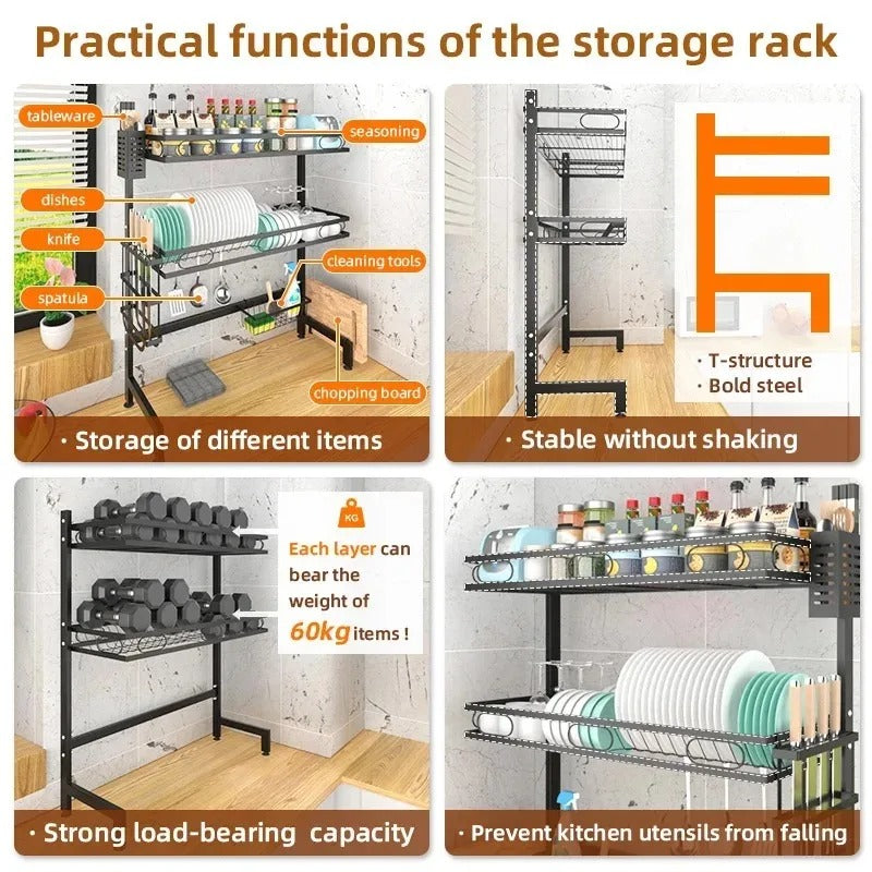 Kitchen Storage Shelf Above The Sink Bowl Draining Rack Multifunctional Dish Knife Rag Spoons Sink Rack Set Organizer Kitchen