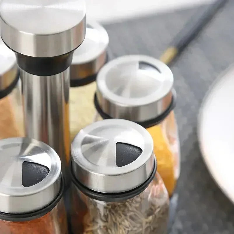 Spice Jar Set Rack Glass Organizer Rotating Glass Seasoning Sugar Pepper Bottles Salt Shakers Holder Kitchen Storage Rack